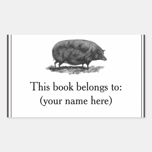 Vintage pig etching bookplate rectangular sticker (Front)