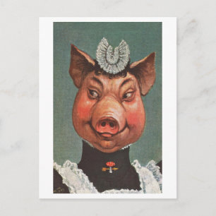 Vintage Pig in Maid Uniform Postcard