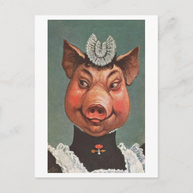 Vintage Pig in Maid Uniform Postcard (Front)