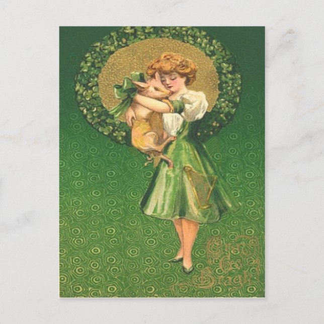 Vintage Pig Maiden Shamrock St Patrick's Day Card (Front)