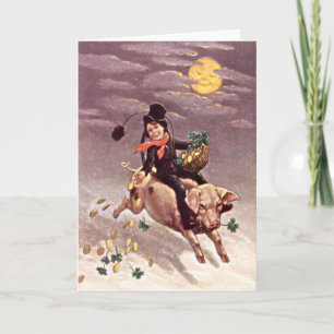 Vintage Pig Moon Gold Shamrock St Patrick's Day Card