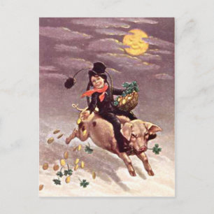 Vintage Pig Moon Gold Shamrock St Patrick's Day Postcard