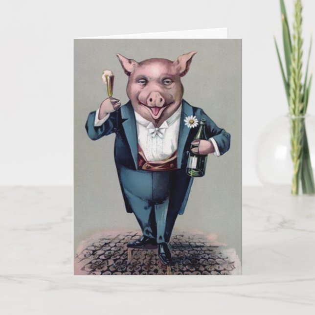 Vintage Pig New Year Holiday Card (Front)