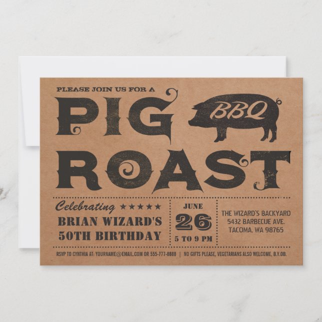 Vintage Pig Roast BBQ Birthday Invitation Kraft (Front)