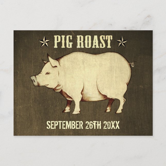 Vintage Pig Roast Postcard Invitation I (Brown) (Front)