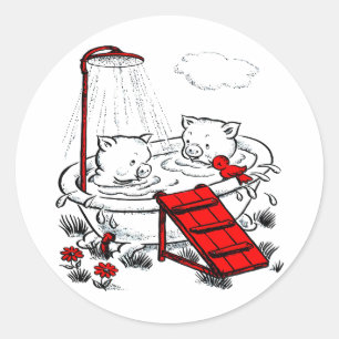 Vintage Piggies & Bird In Bath Classic Round Sticker