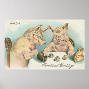 Vintage Pigs Playing Dice Poster