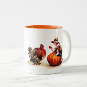 Vintage Pilgrim and Turkey Thanksgiving Gift Two-Tone Coffee Mug