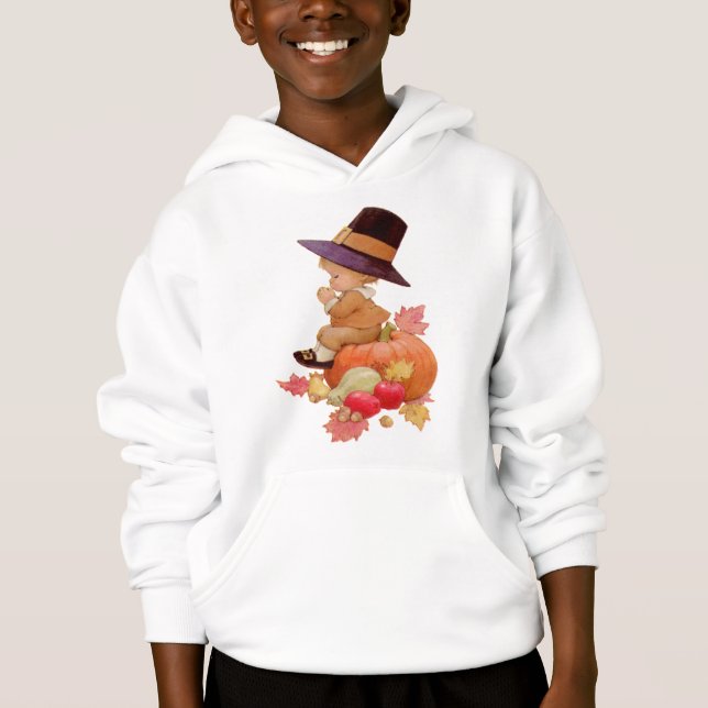 Vintage Pilgrim Boy Praying on Pumpkin (Front)
