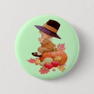 Vintage Pilgrim Boy Praying on Pumpkin 6 Cm Round Badge
