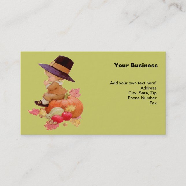 Vintage Pilgrim Boy Praying on Pumpkin Business Card (Front)
