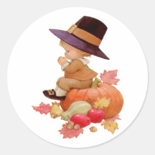 Vintage Pilgrim Boy Praying on Pumpkin Classic Round Sticker