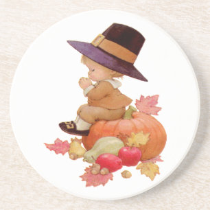 Vintage Pilgrim Boy Praying on Pumpkin Coaster