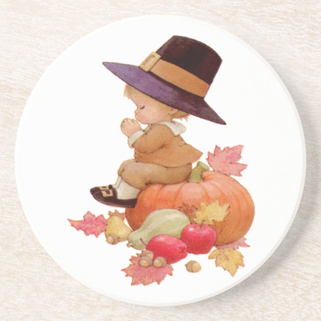 Vintage Pilgrim Boy Praying on Pumpkin Coaster (Front)