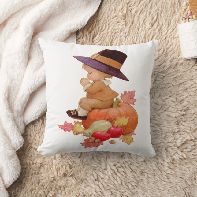 Vintage Pilgrim Boy Praying on Pumpkin Cushion (Blanket)