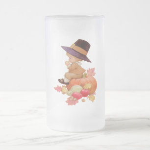 Vintage Pilgrim Boy Praying on Pumpkin Frosted Glass Beer Mug