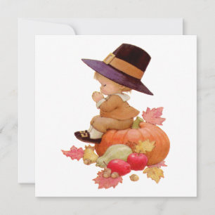 Vintage Pilgrim Boy Praying on Pumpkin Invitation