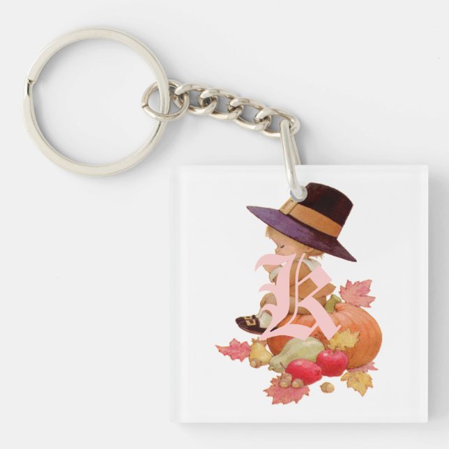 Vintage Pilgrim Boy Praying on Pumpkin Key Ring (Front)