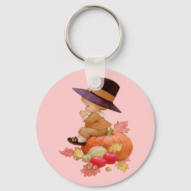 Vintage Pilgrim Boy Praying on Pumpkin Key Ring (Front)