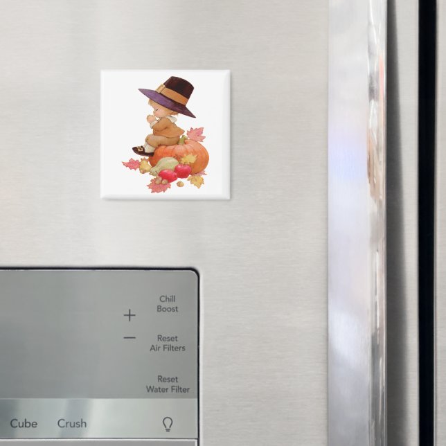 Vintage Pilgrim Boy Praying on Pumpkin Magnet (In Situ (Fridge))