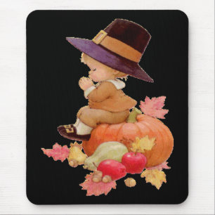 Vintage Pilgrim Boy Praying on Pumpkin Mousepad