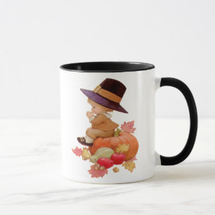 Vintage Pilgrim Boy Praying on Pumpkin Mug