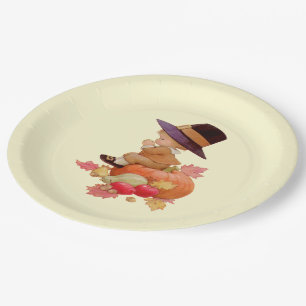 Vintage Pilgrim Boy Praying on Pumpkin Paper Plate