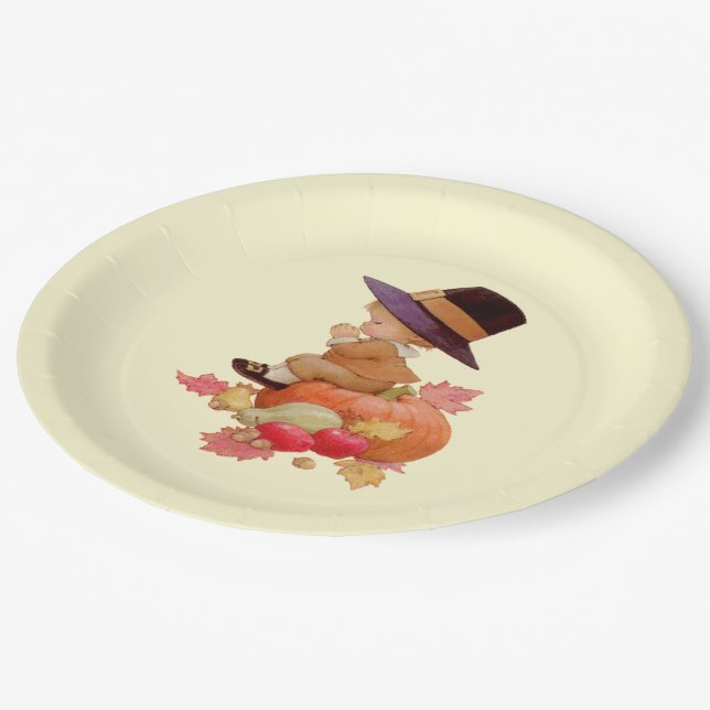 Vintage Pilgrim Boy Praying on Pumpkin Paper Plate (Angled)