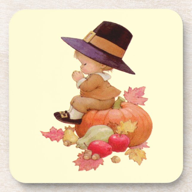 Vintage Pilgrim Boy Praying on Pumpkin Plastic Coaster (Front)