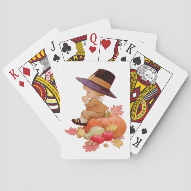 Vintage Pilgrim Boy Praying on Pumpkin Playing Cards (Back)