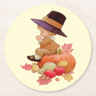 Vintage Pilgrim Boy Praying on Pumpkin Round Paper Coaster