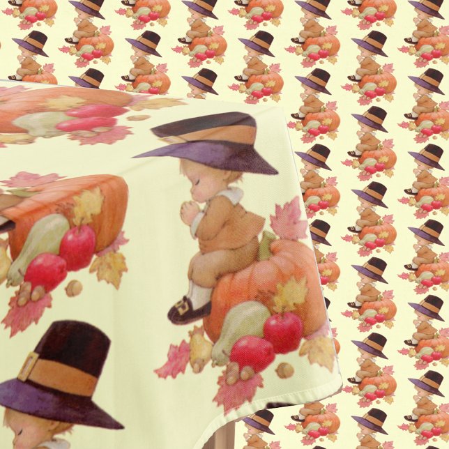 Vintage Pilgrim Boy Praying on Pumpkin Tablecloth (Vintage Pilgrim Boy Praying on Pumpkin Tablecloth)