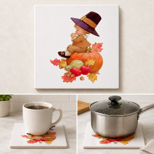 Vintage Pilgrim Boy Praying on Pumpkin Tile