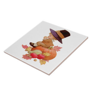 Vintage Pilgrim Boy Praying on Pumpkin Tile