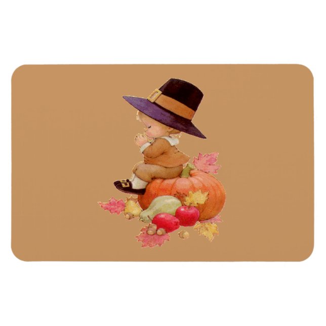 Vintage Pilgrim Boy Praying on Pumpkin, ZSSG Magnet (Horizontal)