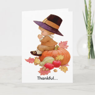 Vintage Pilgrim Boy Praying Pumpkin Custom Message Holiday Card