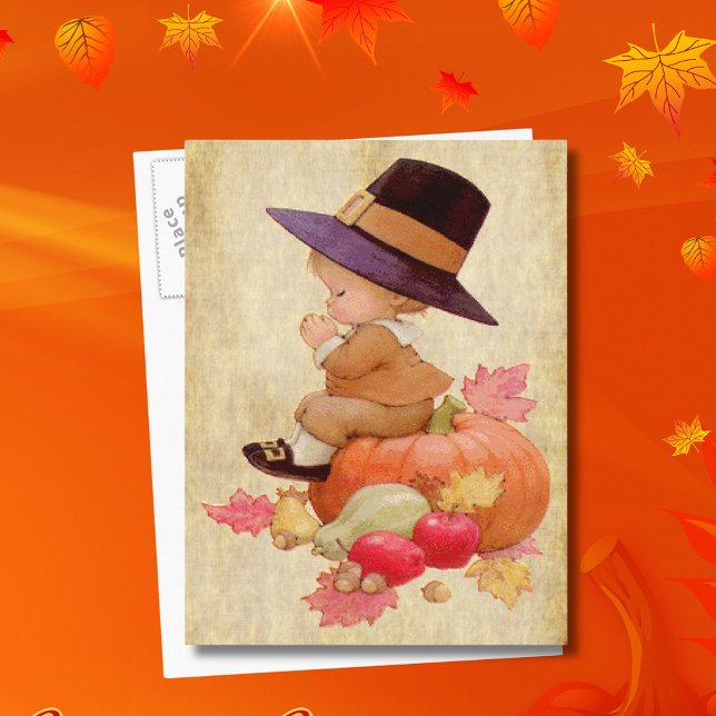 Vintage Pilgrim Boy Praying Pumpkin Parchment Tan Postcard (Vintage Pilgrim Boy Praying Pumpkin Parchment Tan Postcard)