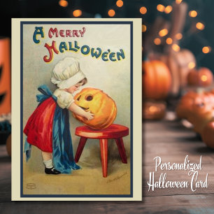 Vintage Pilgrim Girl with Pumpkin Custom Halloween Holiday Card