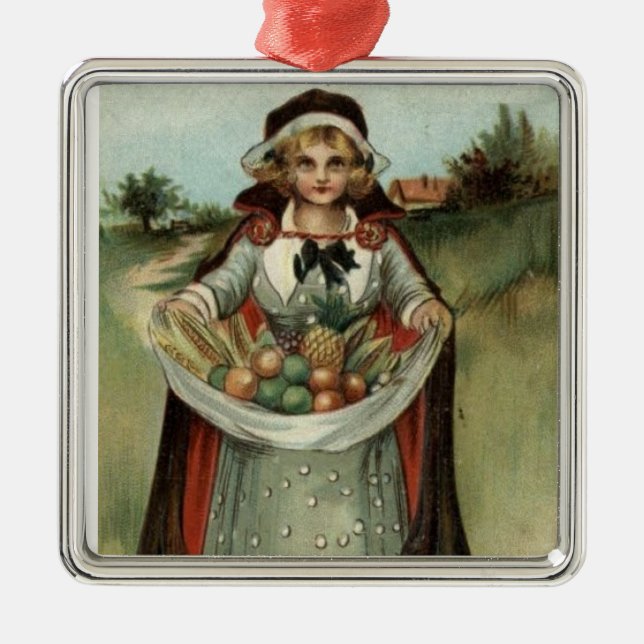 Vintage Pilgrim Lady Thanksgiving Holiday Ornament (Front)