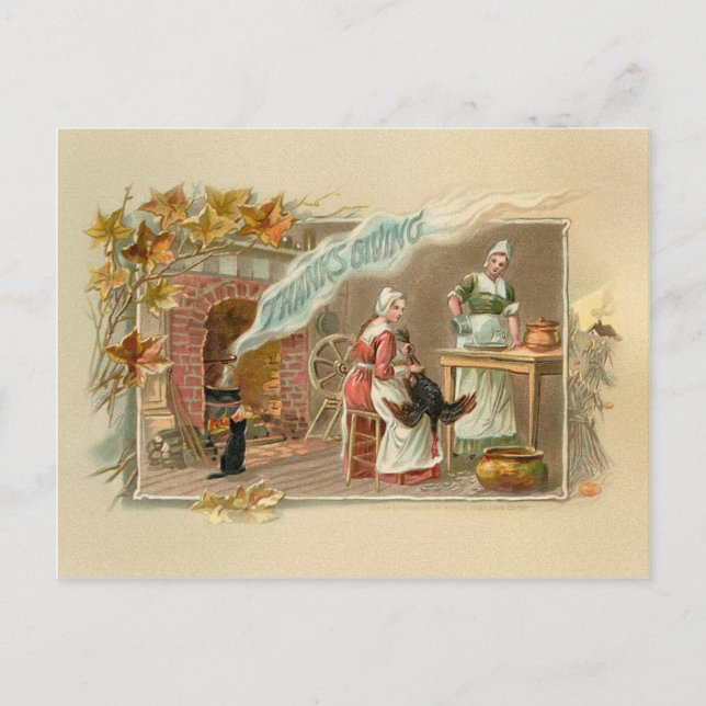 Vintage Pilgrim Thanksgiving Hearth Holiday Postcard (Front)