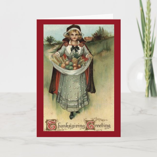 Vintage Pilgrim Woman Thanksgiving Greeting Card (Front)