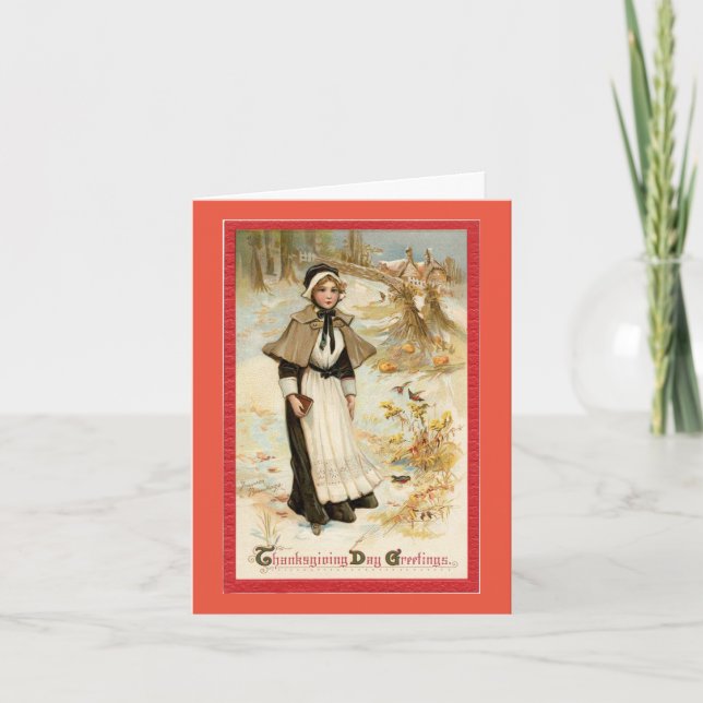 Vintage Pilgrim Woman Thanksgiving Holiday Card (Front)