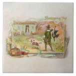 Vintage Pilgrims with Thanksgiving Dinner Tile<br><div class="desc">Charming vintage domestic scene featuring a pilgrim father after a successful turkey hunt. The vignette is embellished with a table and traditional Thanksgiving food.</div>