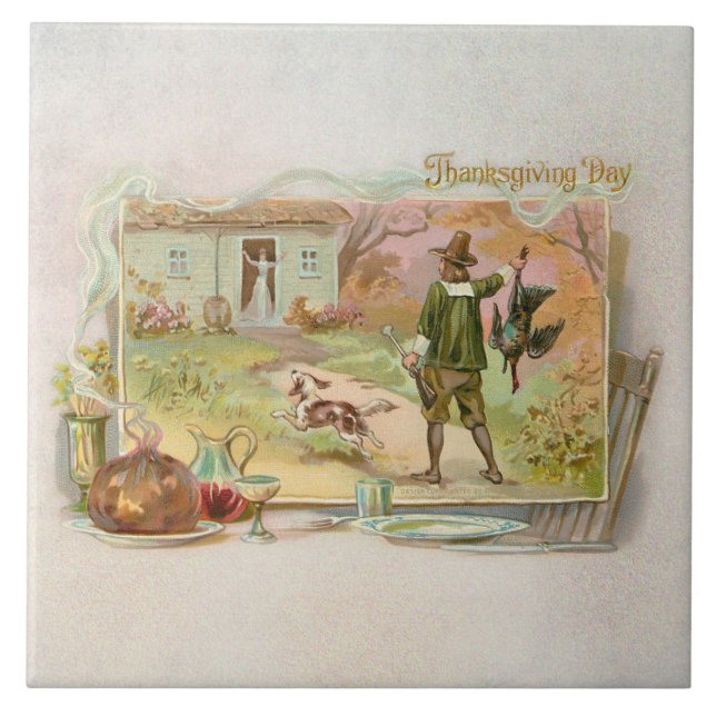 Vintage Pilgrims with Thanksgiving Dinner Tile (Front)