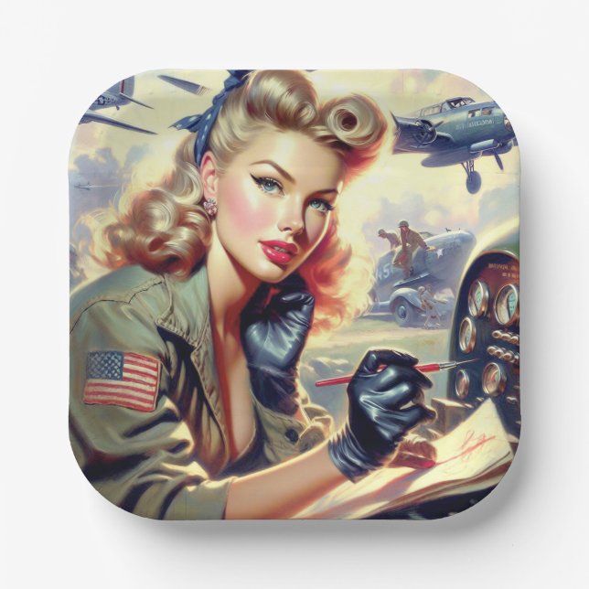 Vintage Pilot Pin Up Paper Plate (Front)