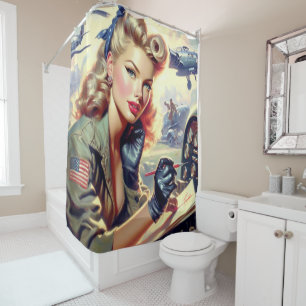 Vintage Pilot Pin Up Shower Curtain