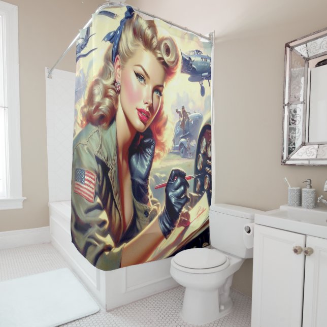 Vintage Pilot Pin Up Shower Curtain (In Situ)