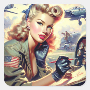 Vintage Pilot Pin Up Square Sticker
