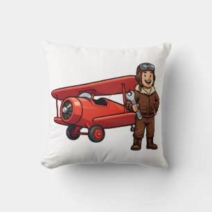 Vintage Pilot with Red Biplane Cartoon Art Cushion