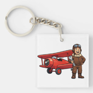 Vintage Pilot with Red Biplane Cartoon Art Key Ring